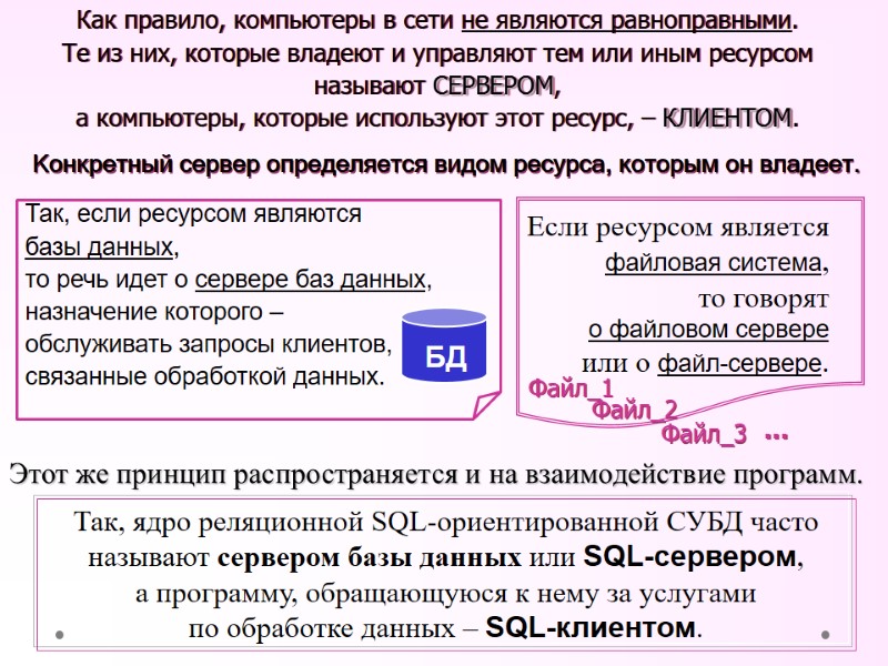 Как правило, компьютеры в сети не являются равноправными.  Те из них, которые владеют
